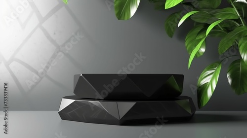 AI generated illustration of a black product display platform with plants in the background photo