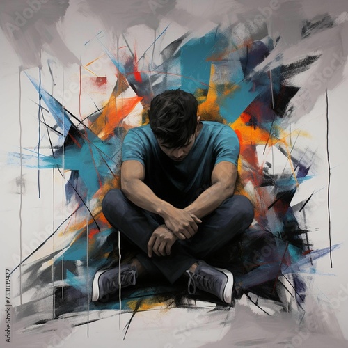 AI generated illustration of a desperate man seated on the ground on a vibrant background