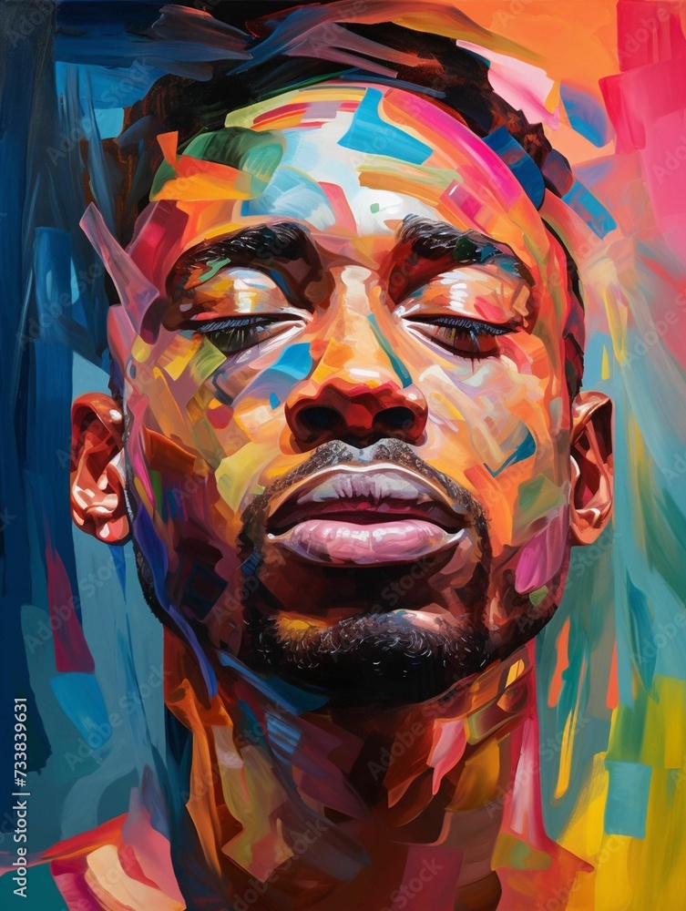 AI generated illustration of portrait of an African American man in vibrant colorful paint splatter