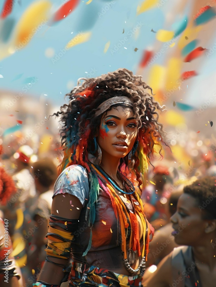 AI generated illustration of a young woman in vibrant colors during a festival