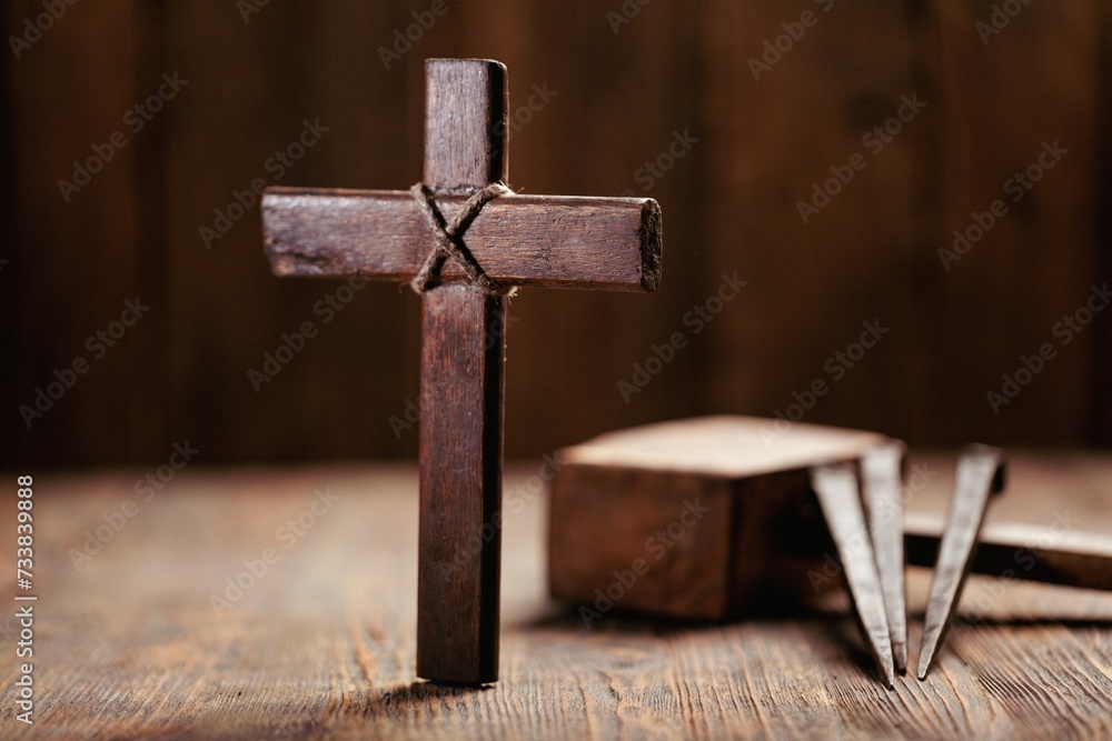 Christian Thorns Crown  With three Nails on wooden background