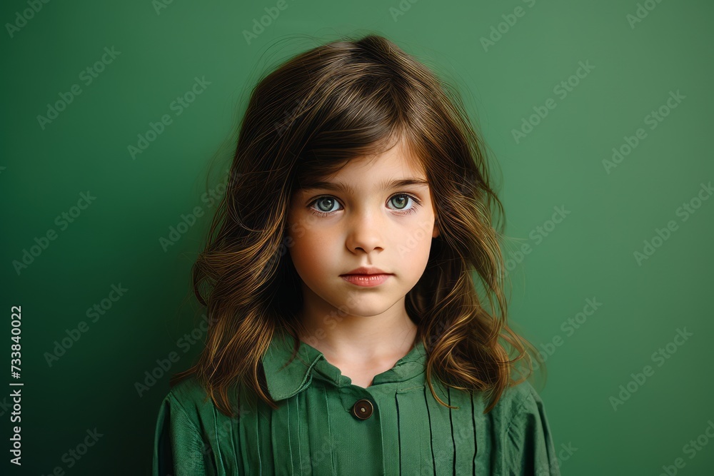 Portrait of a cute little girl in a green shirt on a green background Portrait of a cute little girl in a green shirt on a green background