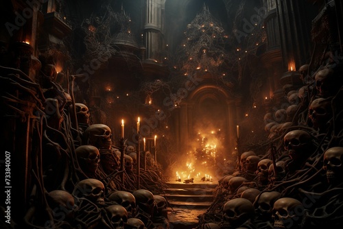 AI generated illustration of A dimly lit pathway in underworld with  lit candles and skulls
