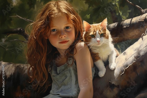 AI generated illustration of a girl sitting at a tree with a ginger cat