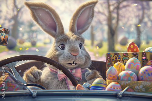 Cute bunny driving car full of Easter eggs, funny rabbit character, Easter cartoon Illustration