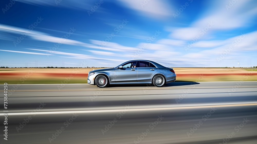 Sleek silver car driving down a road with a motion blur effect, AI-generated.