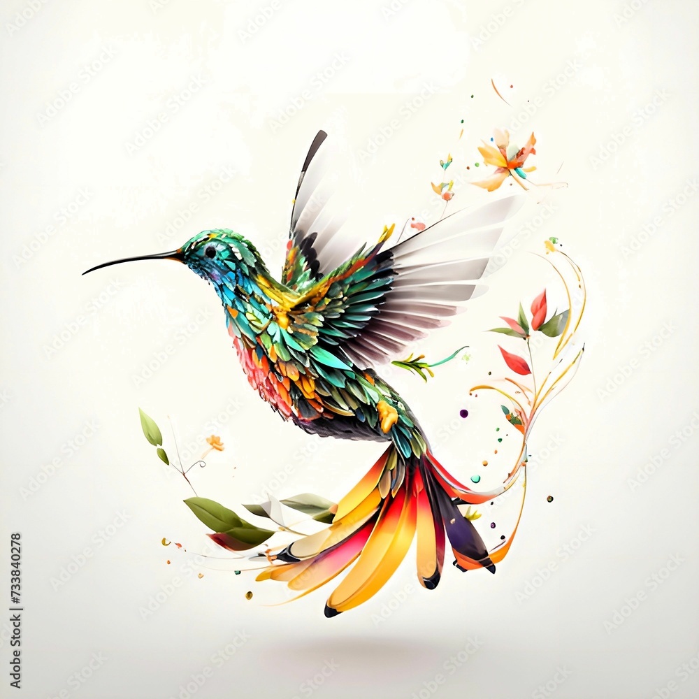 AI generated illustration of A multicolored hummingbird art piece featuring a variety of leaves