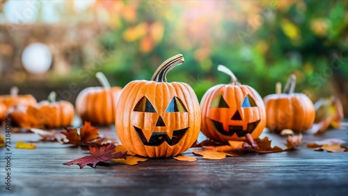 An AI illustration of a group of jack o lanterns on the ground with fallen leaves photo