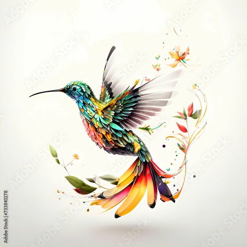 AI generated illustration of A multicolored hummingbird art piece featuring a variety of leaves © Wirestock