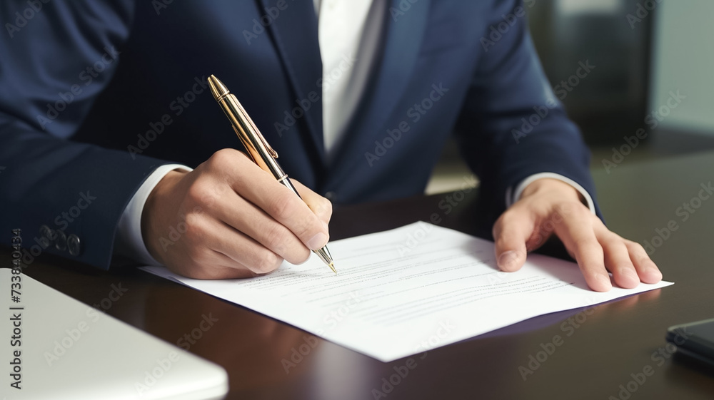 Man signing documents at notary public office.
Man signing documents at notary public office.