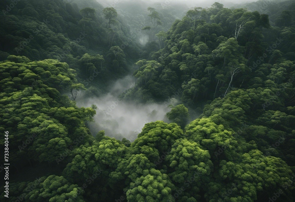 AI generated illustration of a lush green forest on a foggy day - obrazy, fototapety, plakaty 