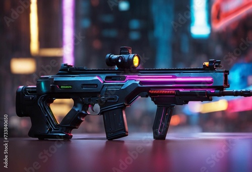 AI generated illustration of a handgun with a bright pink neon stripe design on it