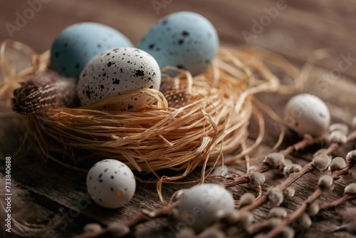 Easter concept, colored eggs in nest with willow