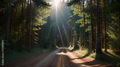 Dirt road surrounded by pine trees with sunlight streaming through the branches  AI-generated.