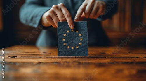 European Union parliament election, closeup on hand holding envelope over EU flag voting box  photo