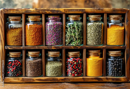 Fototapeta Naklejka Na Ścianę i Meble -  AI-generated illustration of assorted spices neatly organized in a rustic wooden spice box