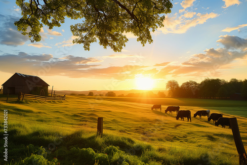 cows grazing in a meadow, dairy farm, sunset (2) photo