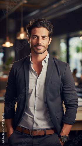 Young hispanic businessman smiling happy standing in office, portrait of a person