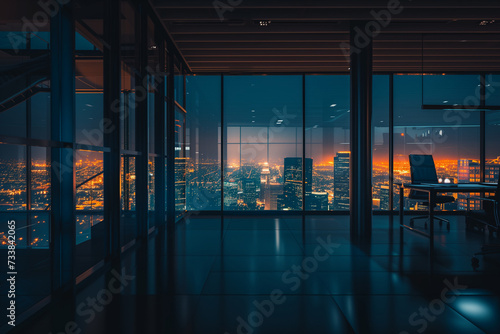 empty night time office space with lit city panorama visible in the background  2 
