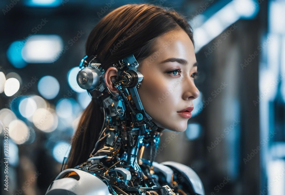 AI generated illustration of a young female wearing a robotic suit, her face away from the camera AI generated illustration of a young female wearing a robotic suit, her face away from the camera