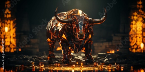 AI generated illustration of a metallic bull sculpture in glowing light