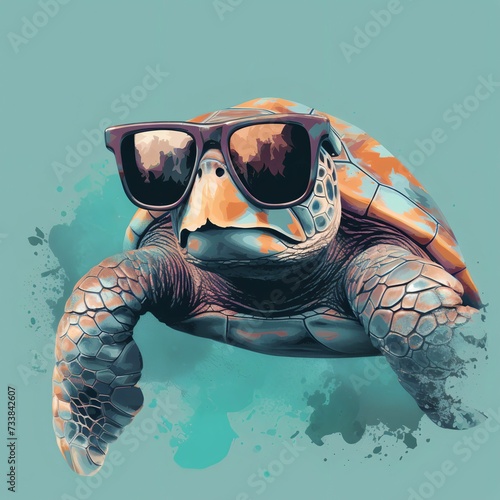 AI generated illustration of an aquatic turtle with a pair of sunglasses photo