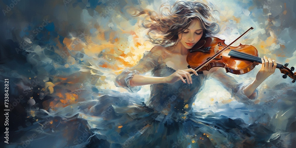 Fototapeta premium Young female musician playing violin underwater, AI-generated.