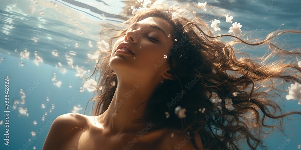 Young woman in the ocean water, her hair tossed by the gentle sea breeze, AI-generated.
