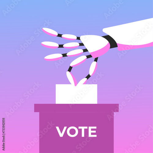 AI in elections. Robot with Artificial Intelligence puts a belote into the voting box. Flat vector illustration.