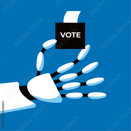 AI in elections. Artificial Intelligence robot holds a voting box. Flat vector illustration.