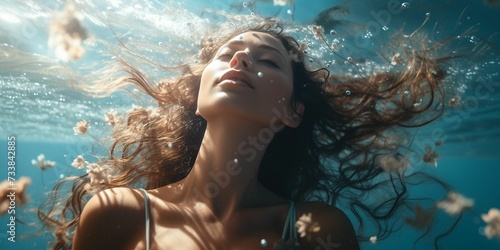 Young woman in the ocean water, her hair tossed by the gentle sea breeze, AI-generated. photo