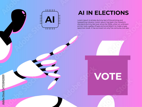 AI in elections. Artificial Intelligence robot holds a voting box on his leg. Flat vector illustration.