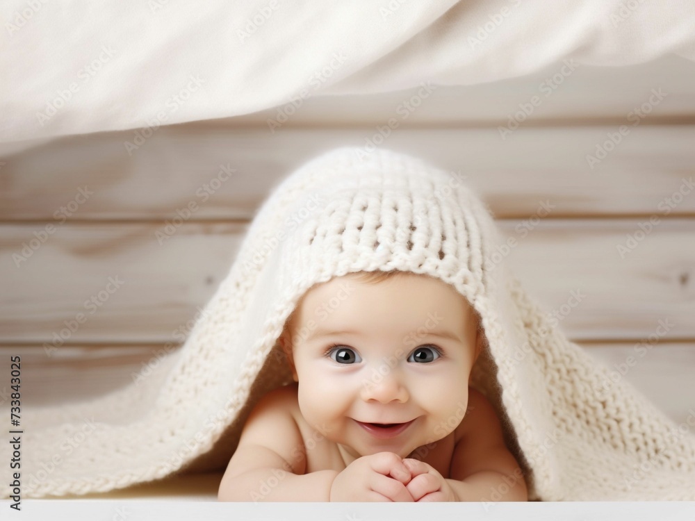 AI generated illustration of an adorable baby wrapped in a white, soft blanket AI generated illustration of an adorable baby wrapped in a white, soft blanket