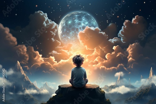 AI generated illustration of A young boy atop a mountain, transfixed by the awe-inspiring sight.