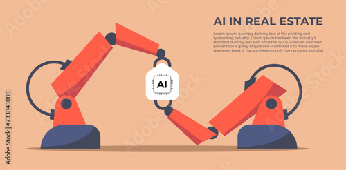 Virtual reality in real estate. Two robotic arms create a smart home. Flat vector illustration.