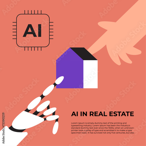 AI in real estate. Robot helps the man in business and construction. Flat vector illustration.