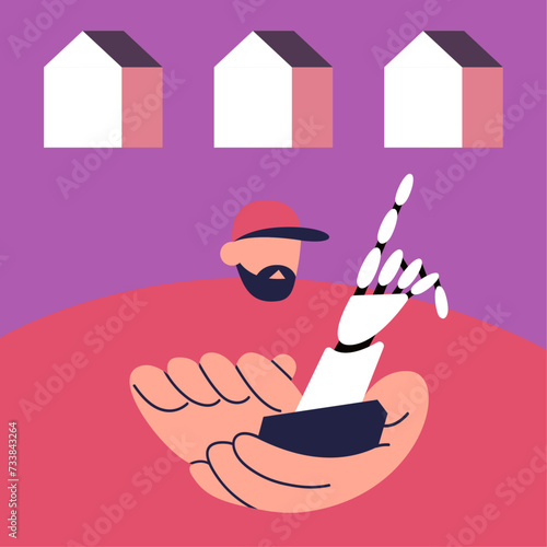 AI in real estate. Selling a home using a chat bot in app. Flat vector illustration.