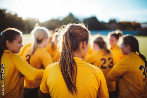 Rear view of confident happy Young Female Footballer with Teammates on Soccer Field in yellow uniform. Generative AI