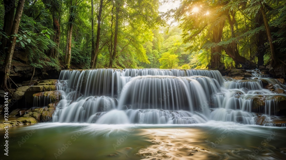 Fototapeta premium AI generated illustration of a waterfall cascading down a green forest at golden sunset