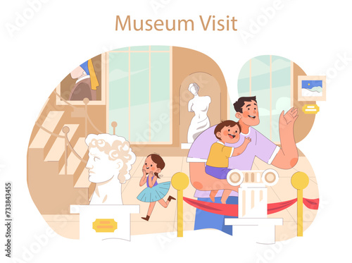 Family Hobbies concept. Enriching museum visit with family, exploring history and art, inspiring young minds and curiosity.