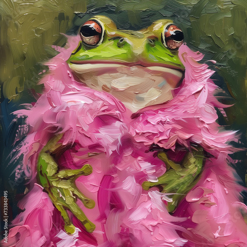 Glamorous feminine frog in pink fluffy clothing photo