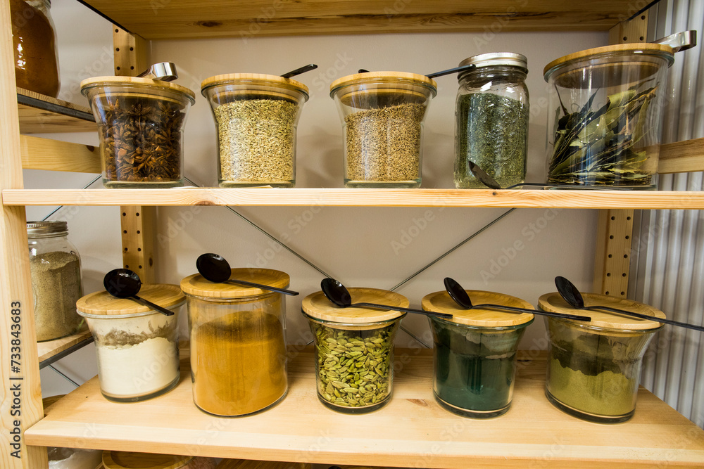 Self service bulk organic food. Eco-friendly zero waste shop. Small local business. Lentil, pasta, macaroni, peppers, salts, macaroni