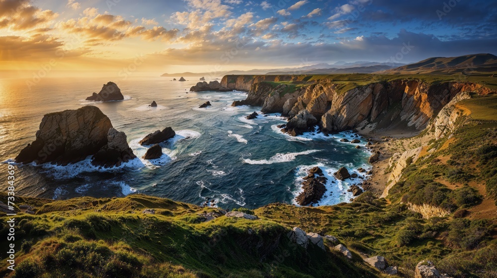 Rugged cliffs stand sentinel against a calm sea in a coastal symphony