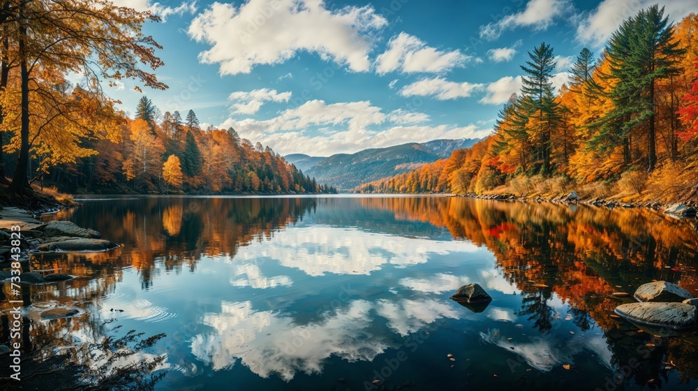 AI generated illustration of a picturesque scene reflects autumn colors on a calm lake