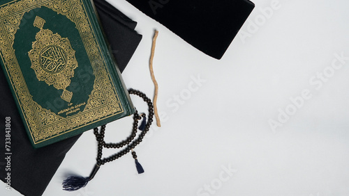 Muslim prayer equipment with Copy Space on white background