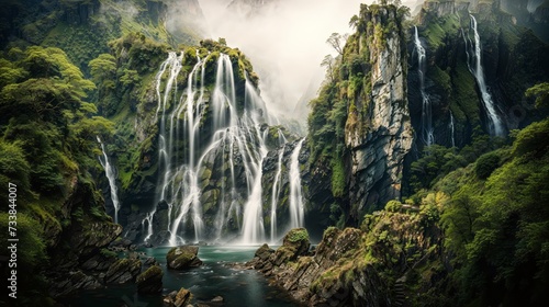 the view of the waterfall in the forest with foggy sky