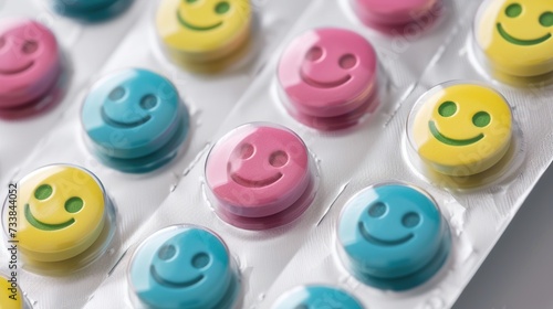 Close-up pills are colorful smiley face circle pills in blister packaging on light grey background