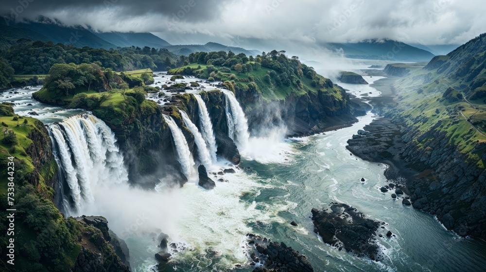 Fototapeta premium AI generated illustration of a roaring waterfall cascades down rugged cliffs