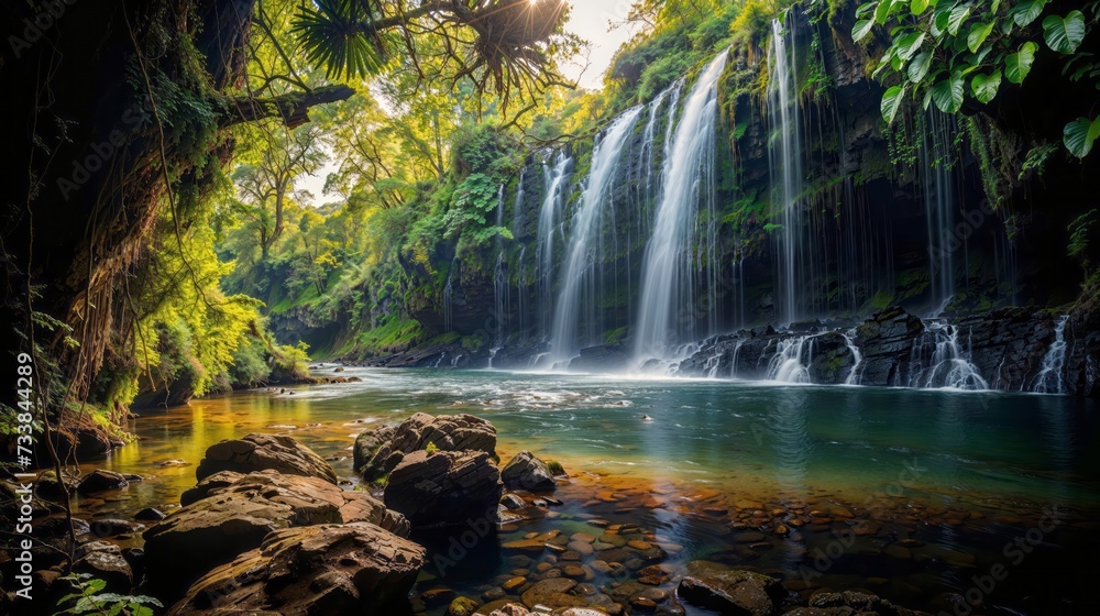 AI generated illustration of a jungle waterfall, a hidden grotto unveils itself AI generated illustration of a jungle waterfall, a hidden grotto unveils itself