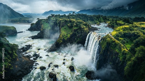 AI generated illustration of a roaring waterfall cascades down rugged cliffs